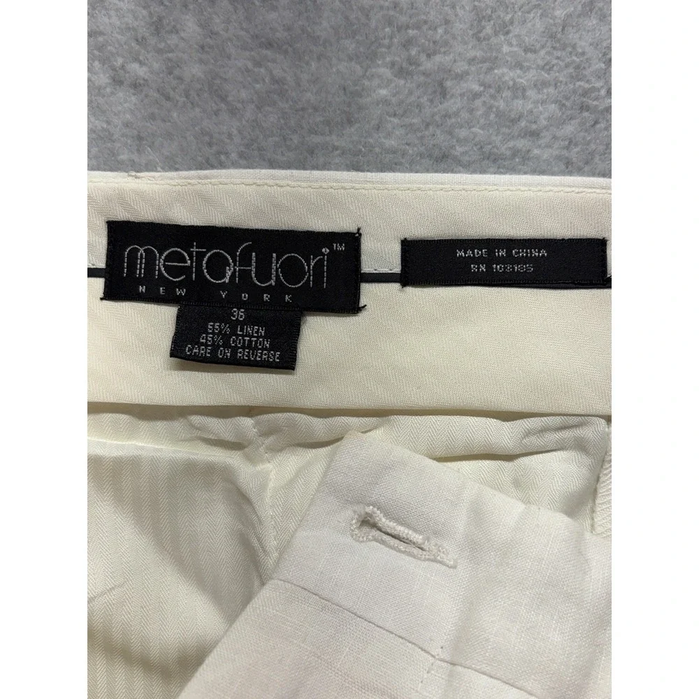 Metafuori New York Mens 36 Cream Linen Cotton Pleated Cuffed Trousers Pants